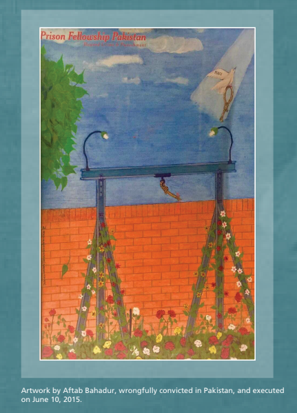 A drawing of a gallows in front of a brick wall. Colorful flowers climb up the legs of the gallows and the rope tied to the main beam has been cut. A dove flies upward, holding the noose with its feet.