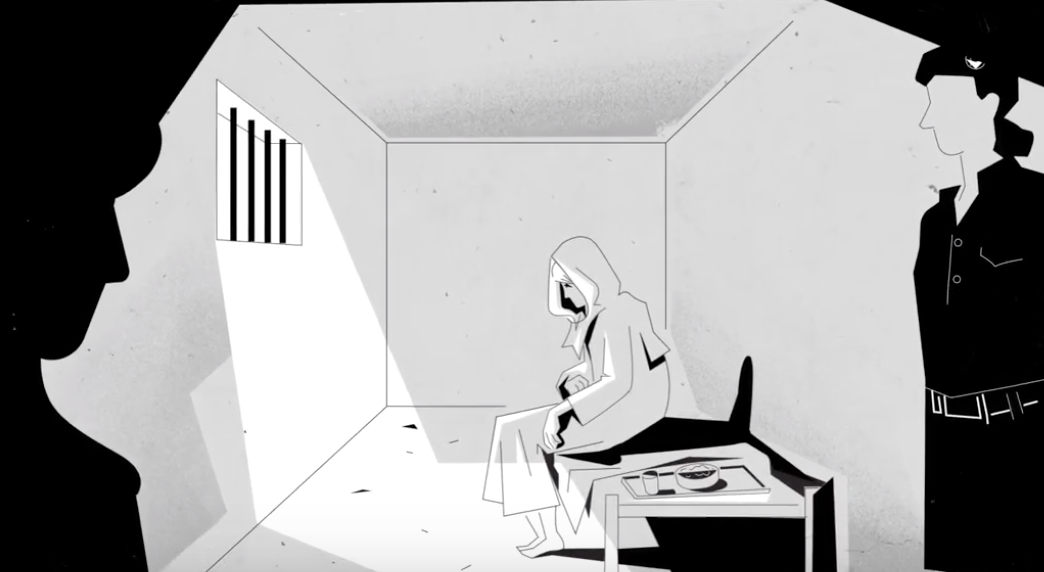 Drawing of a woman in a prison cell