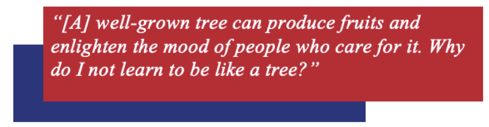 Quote bubble: “[A] well-grown tree can produce fruits and enlighten the mood of people who care for it. Why do I not learn to be like a tree?”