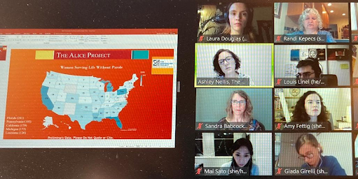 Eight people on a video conference discuss a map of the United States. Inside each state on the map is a number representing the number of women serving LWOP there.