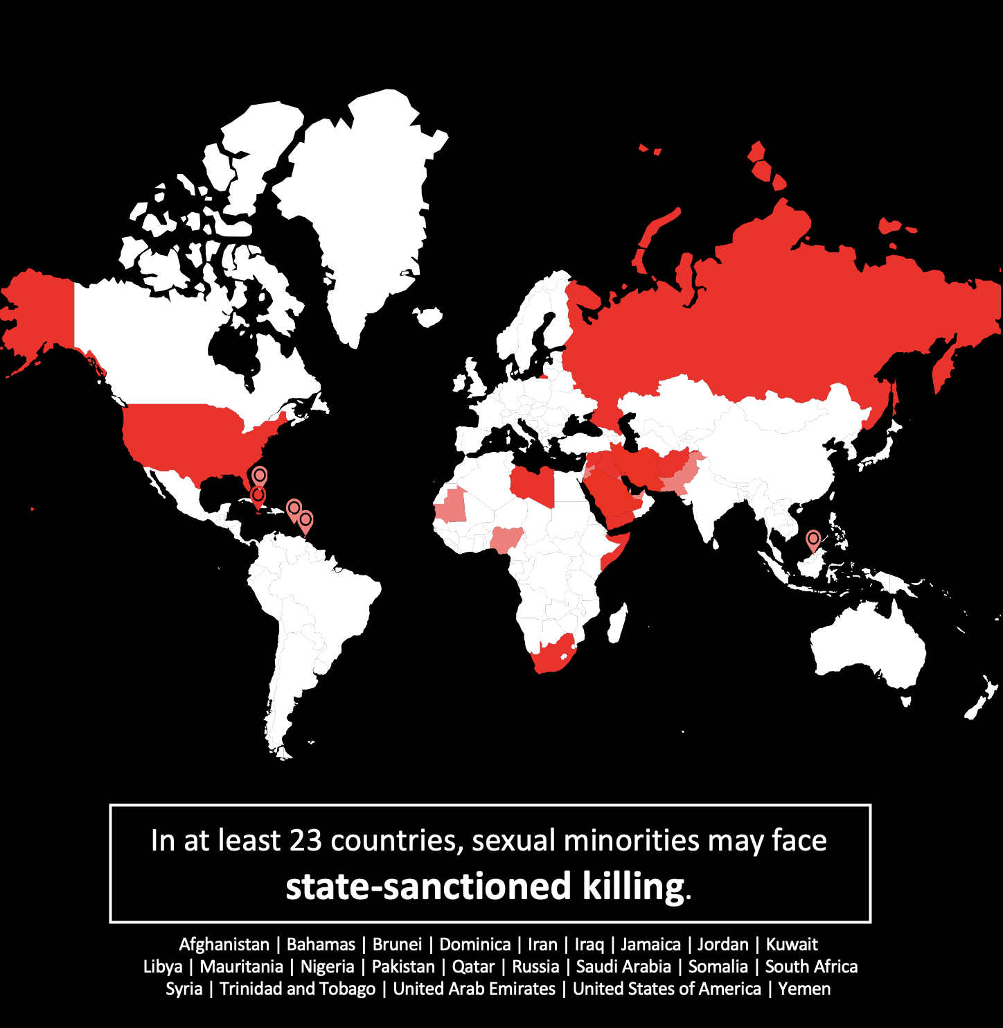 Map that says that in at least 23 countries, sexual minorities may face state-sanctioned killing