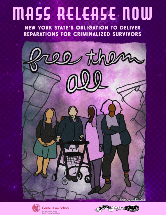 The title of the report entitled: "Mass Release Now: New York State's Obligation to deliver reparations for criminalized survivors." Under the title is a drawing of four people standing together.