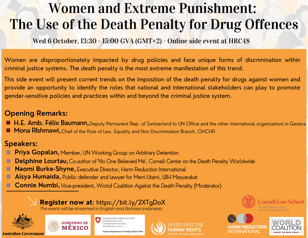 A flyer advertising the event entitled "Women and Extreme Punishment: The Use of the Death Penalty for Drug Offenses," which will take place on October 6th at 13:30-15:00 GVA. Speakers will discuss how women are disproportionately impacted by drug policies and face unique forms of discrimination within criminal justice systems.