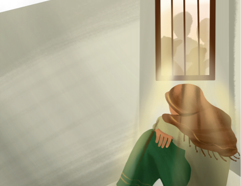 A drawing of a woman sitting in a cell next to a barred window. She holds her knees to her chest.