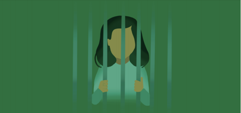 A drawing of a woman standing in a cell holding onto the bars.